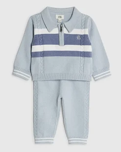 Baby Boys Blue Knitted Stripe Polo Shirt Set