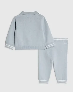 Baby Boys Blue Knitted Stripe Polo Shirt Set