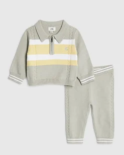 Baby Boys Green Knitted Stripe Polo Shirt Set