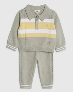Baby Boys Green Knitted Stripe Polo Shirt Set