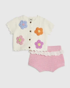 Baby Girls Cream 3D Flower Shorts Set