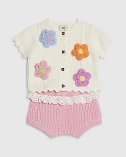 Baby Girls Cream 3D Flower Shorts Set