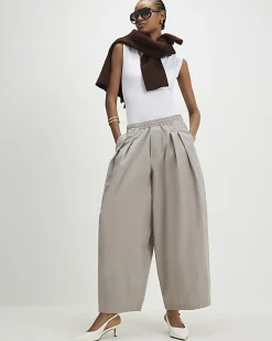 Beige Barrel Leg Pleated Trousers