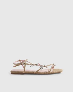 Beige Caged Flower Flat Sandals