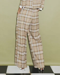 Beige Check Pleated Wide Leg Trousers