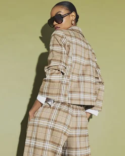 Beige Checked Pocket Detail Jacket