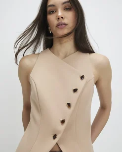 Beige Collarless Asymmetric Waistcoat