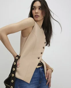 Beige Collarless Asymmetric Waistcoat