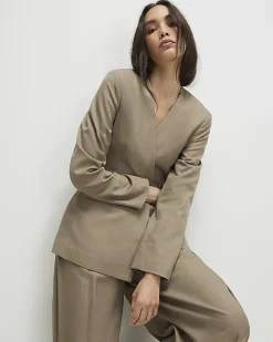 Beige Collarless Blazer