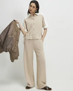 Beige Colour Blocked Wide Leg Trousers