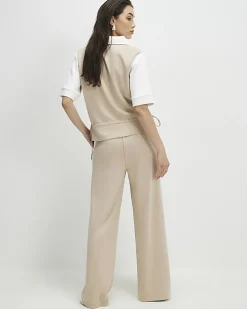 Beige Colour Blocked Wide Leg Trousers