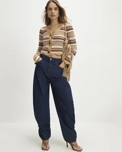 Beige Crochet Knit Striped Cardigan