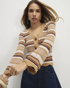 Beige Crochet Knit Striped Cardigan