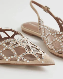 Beige Embellished Flat Shoes
