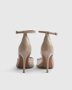 Beige Embellished Mesh Court Heels
