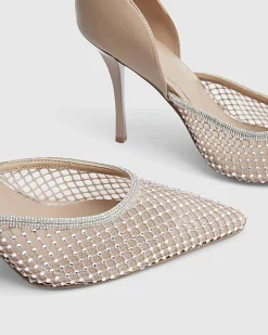 Beige Embellished Mesh Court Heels
