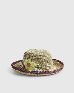 Beige Embroidered Floral Straw Bucket Hat