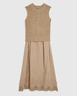 Beige Embroidered Hem Knitted Hybrid Dress