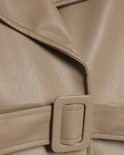 Beige Faux Leather Belted Trench Jacket