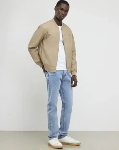 Beige Faux Leather Bomber Jacket