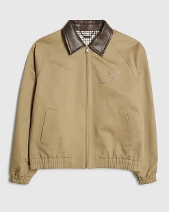 Beige Faux Leather Collared Harrington Jacket