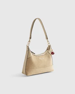 Beige Faux Suede Cherry Charm Shoulder Bag
