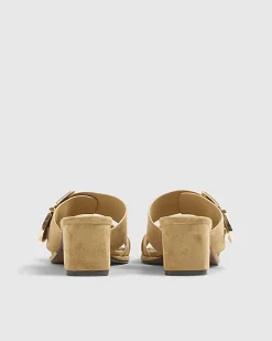 Beige Faux Suede Double Buckle Mule Sandal
