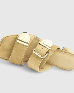 Beige Faux Suede Double Buckle Mule Sandal