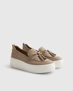 Beige Faux Suede Platform Tassel Trainers