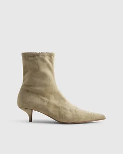 Beige Faux Suede Pointed Toe Sock Boots