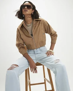 Beige Faux Suede Ribbed Hem Bomber Jacket