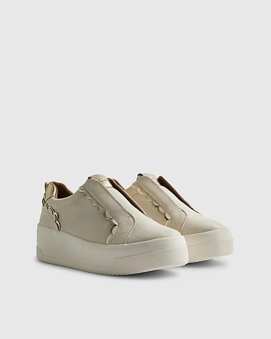Beige Faux Suede Scalloped Slip On Trainers