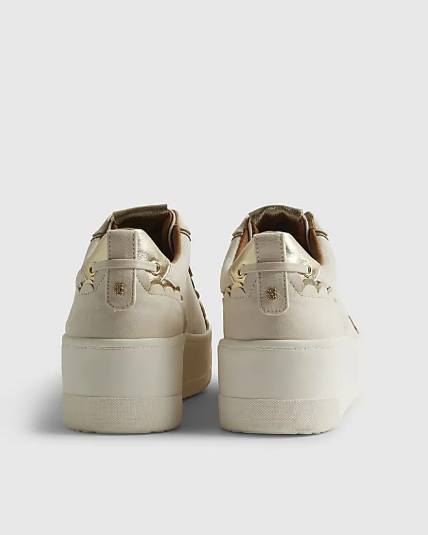 Beige Faux Suede Scalloped Slip On Trainers