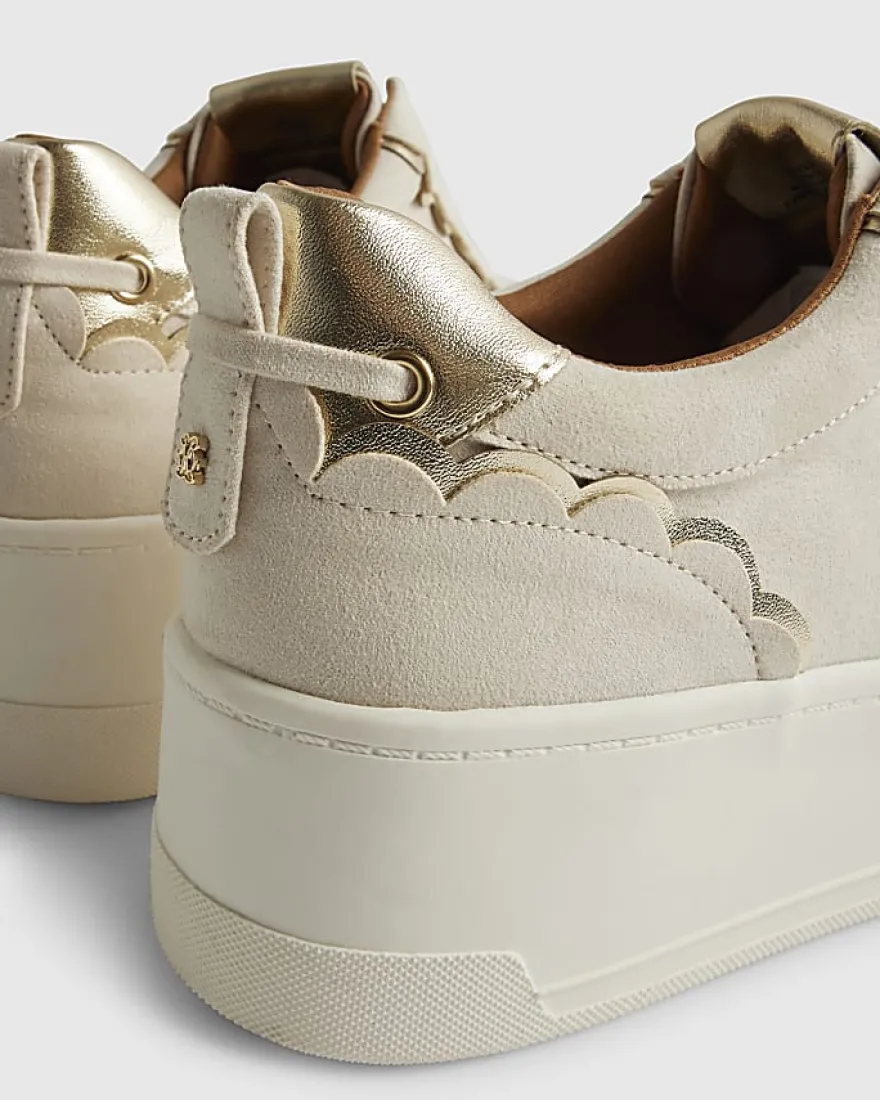 Beige Faux Suede Scalloped Slip On Trainers