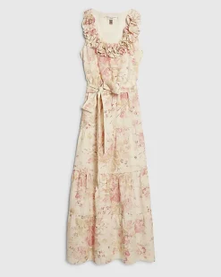 Beige Floral Corsage Tiered Maxi Dress