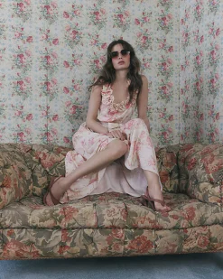 Beige Floral Corsage Tiered Maxi Dress