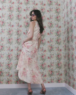 Beige Floral Corsage Tiered Maxi Dress