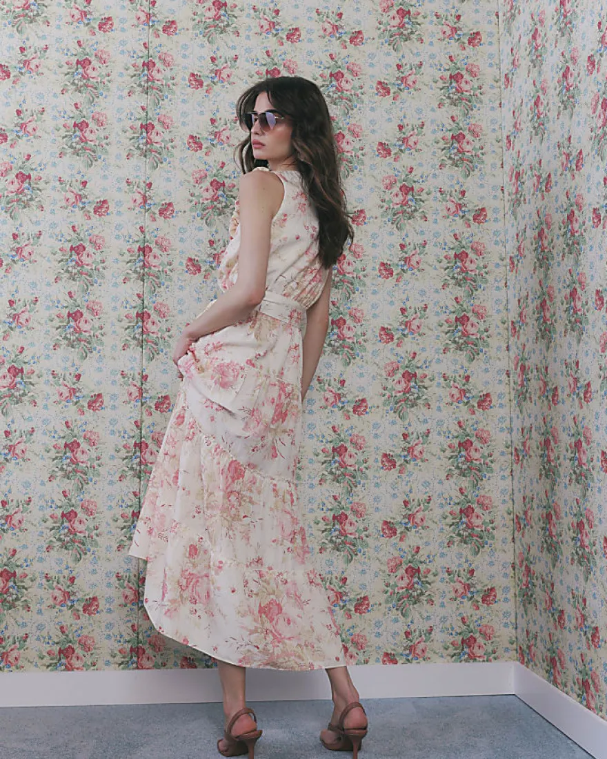 Beige Floral Corsage Tiered Maxi Dress