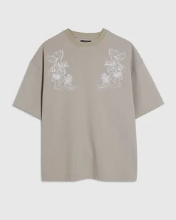 Beige Floral Embroidered Midweight T-Shirt