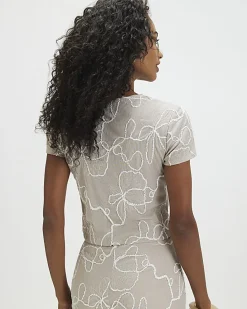 Beige Floral Embroidered T-Shirt