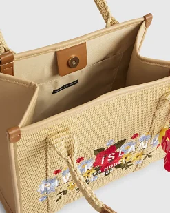 Beige Floral Embroidery Raffia Tote Bag