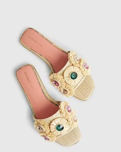 Beige Flower Raffia Flat Sandals