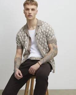 Beige Geometric Knitted Short Sleeve Shirt