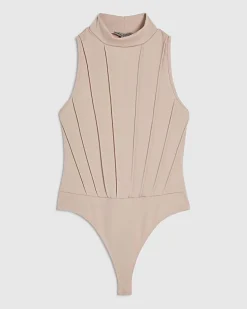 Beige High Neck Seam Trim Bodysuit