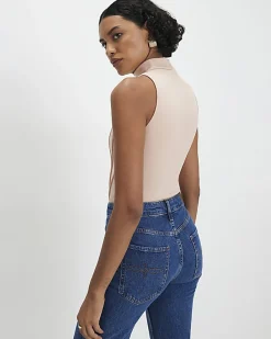Beige High Neck Seam Trim Bodysuit