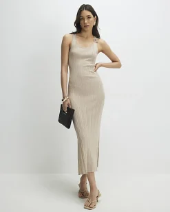 Beige Knitted Ribbed Midi Dress