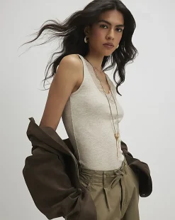 Beige Lace Trim Tank Top