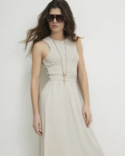 Beige Linen Blend Shirred Midi Dress