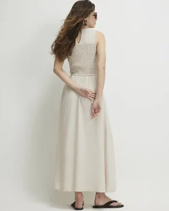 Beige Linen Blend Shirred Midi Dress