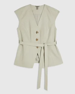Beige Linen Blend Sleeveless Tie Waist Top